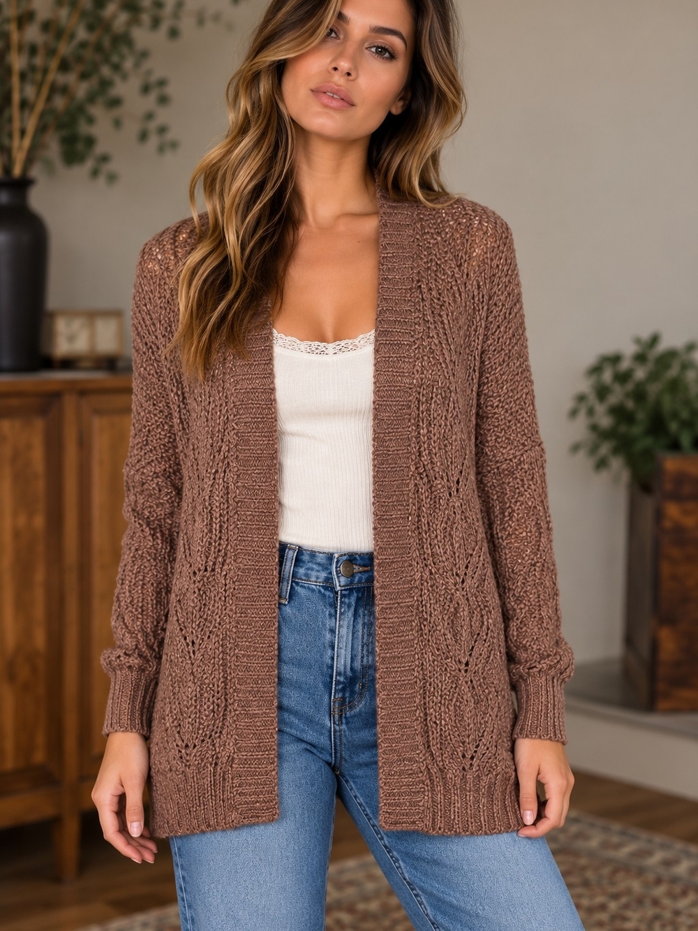 Universal Thread Brown Taupe Open Front Knit Cardigan Sweater Size S